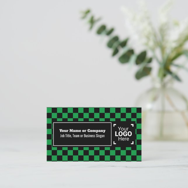 Tarjeta De Visita Snazzy Green / Black Checkown Text, QR, Logo (Anverso de pie)