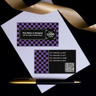 Tarjeta De Visita Snazzy Purple / Black Checkered Own Text, QR, Logo
