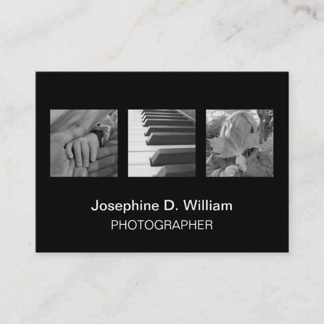 Tarjeta De Visita Sobredimensionar 3 fotos o logo blanco negro moda  (Anverso)