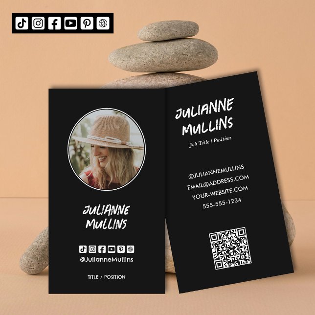 Tarjeta De Visita Social Media Influencer QR Code (Social media influencer, content creator photo business cards with QR Code and 6 media icons)