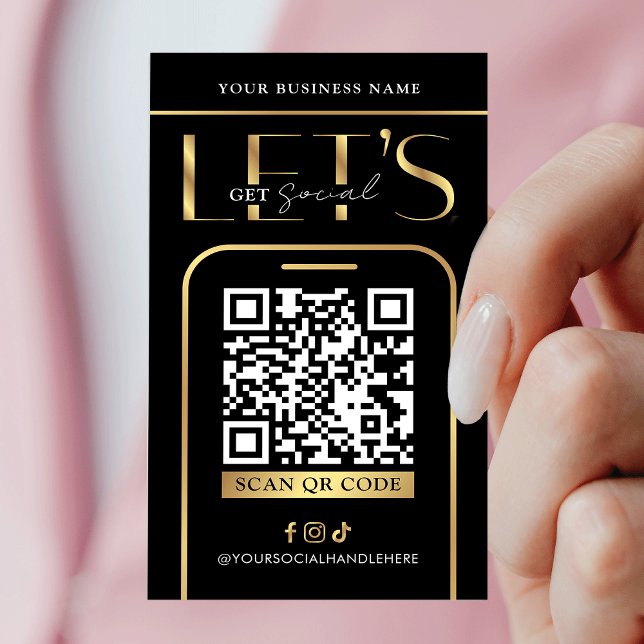 Tarjeta De Visita Social Media QR Code Black & Gold Logo QR Code (Modern black and gold QR code business cards - great to promote your social media or website)