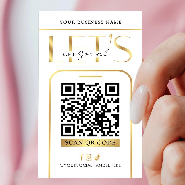 Tarjeta De Visita Social Media QR Code Glam Gold Logo QR Code (Modern white and gold QR code business cards - great to promote your social media or website)