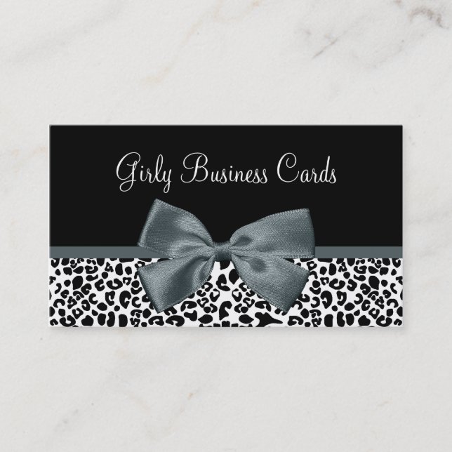 Tarjeta De Visita Sofisticada Boutique Leopard Print Gray Bow (Anverso)