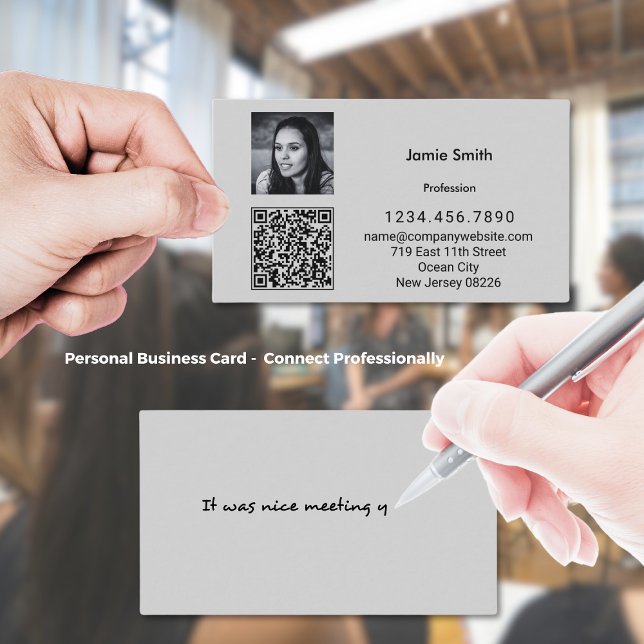 Tarjeta De Visita Sofisticado código QR de la foto Gris del mensaje  (Sophisticated Photo QR Code Personal Message Gray Business Card)