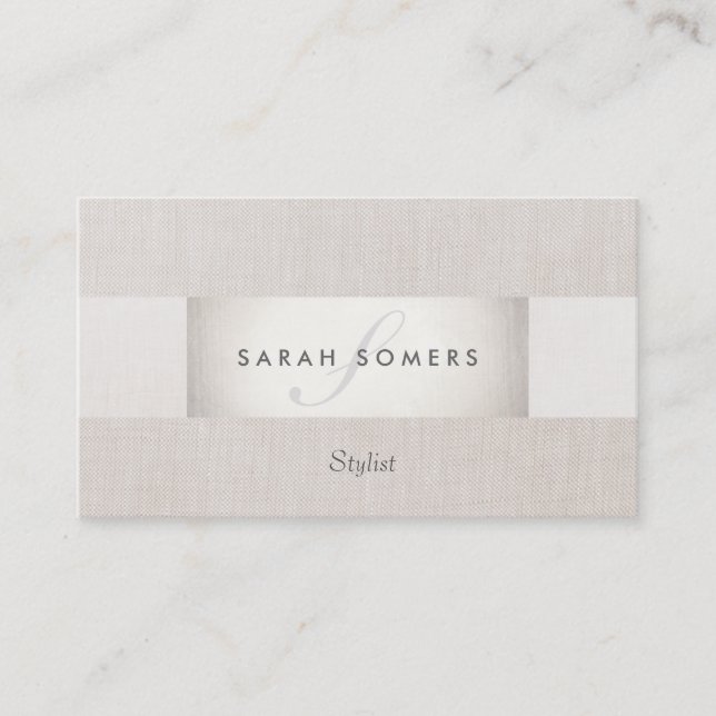 Tarjeta De Visita Sofisticado Monogramado de Plata Moderna y Linen (Anverso)