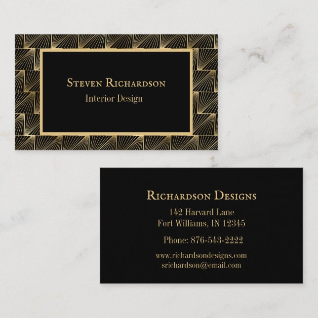 Tarjeta De Visita Sofisticado Patrón Art Deco Negro Y Oro (Anverso / Reverso)