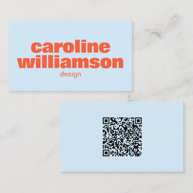 Tarjeta De Visita Soft Blue Orange Bold Name QR Code Scan Portfolio (Anverso / Reverso)