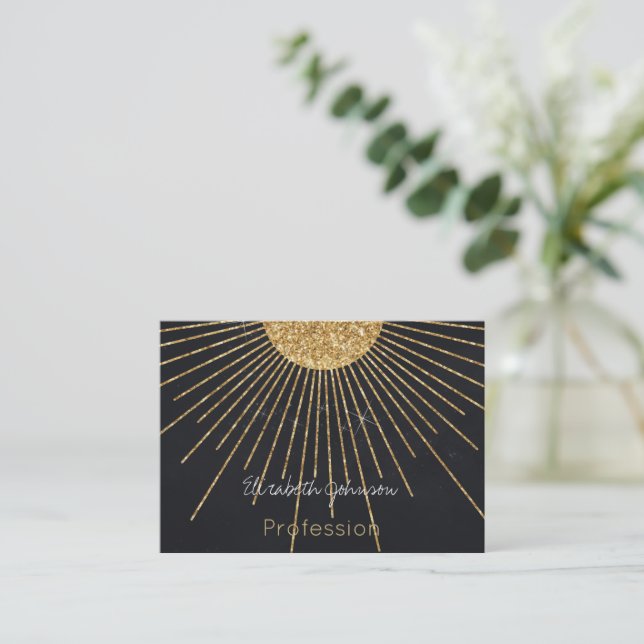 Tarjeta De Visita Sol brillante de oro negro moderno (Anverso de pie)