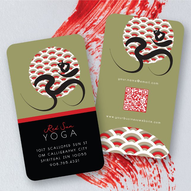 Tarjeta De Visita Sol Rojo Yoga Espiritual Indio Meditar Om Ohm Logo (Red Sun Yoga Spiritual Meditation Modern Zen Om / Aum  Calligraphy Symbol Business Card @ fatfatin)
