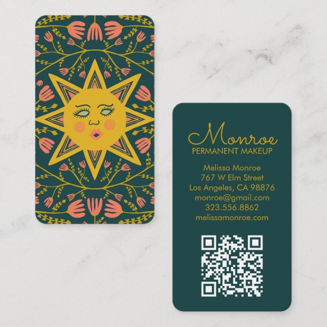 Tarjeta De Visita Sol y flores Vines Elegante Código QR Boho (Anverso / Reverso)