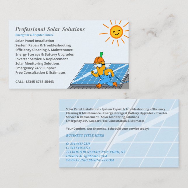 Tarjeta De Visita Solar Panel Clean Maintenance Installation Cartoon (Anverso / Reverso)