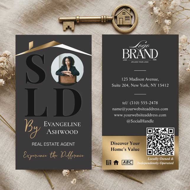 Tarjeta De Visita Sold Luxury Home Real Estate Agent Black Gold QR (Sold Luxury Home Real Estate Agent Black Gold QR Business Card)
