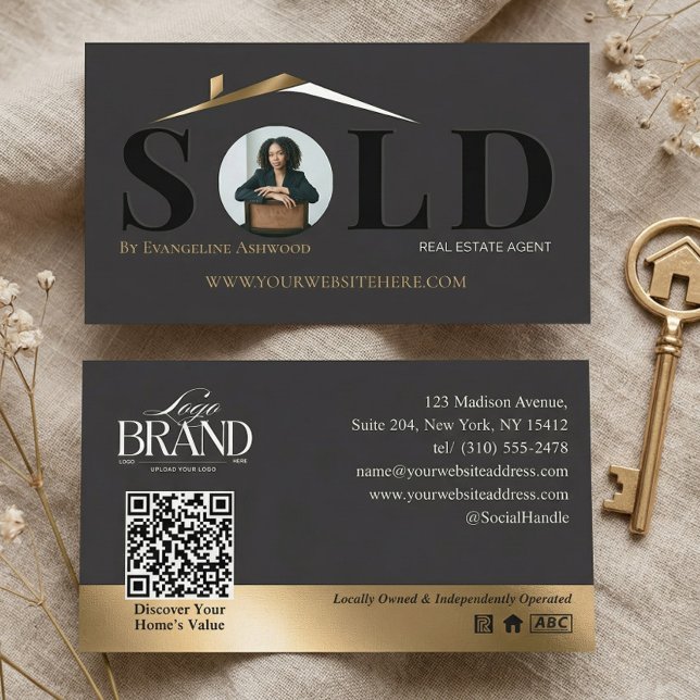 Tarjeta De Visita Sold Luxury Home Real Estate Agent Black Gold QR (Sold Luxury Home Real Estate Agent Black Gold QR Business Card)