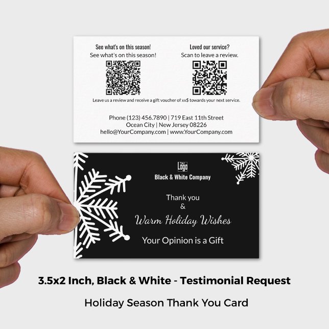 Tarjeta De Visita Solicitud de testimonio de vacaciones en blanco y  (Black & White Holiday Testimonial Request Business Card; Size 3.5x2 Inch (US))
