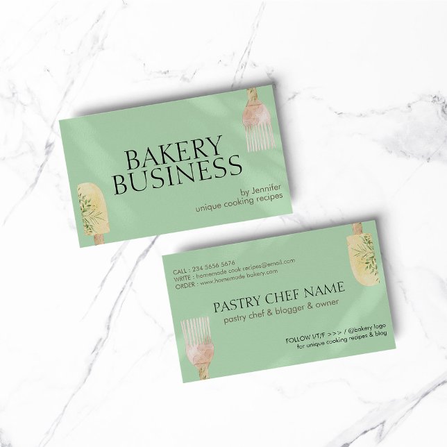 Tarjeta De Visita Sombra verde suave cuchara de pastelería Spatula C (BAKERY PASTRY CHEF COOK CAKE event planner business)