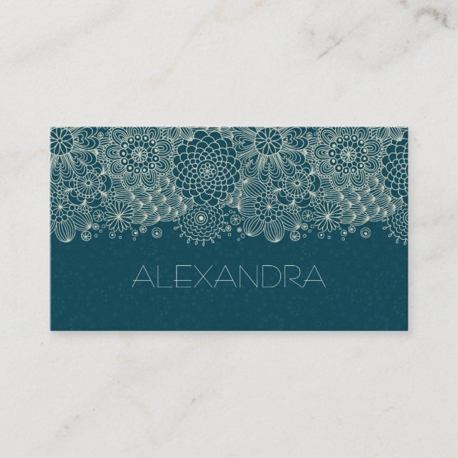 Tarjeta De Visita Sombreado de la línea floral retro verde y blanco  (Anverso)