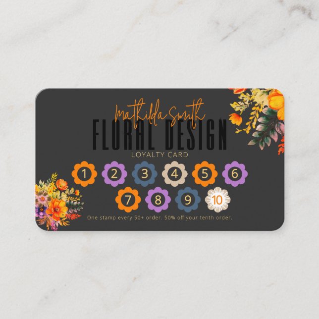Tarjeta De Visita Sophisticated Floral Design Black Orange Loyalty (Anverso)
