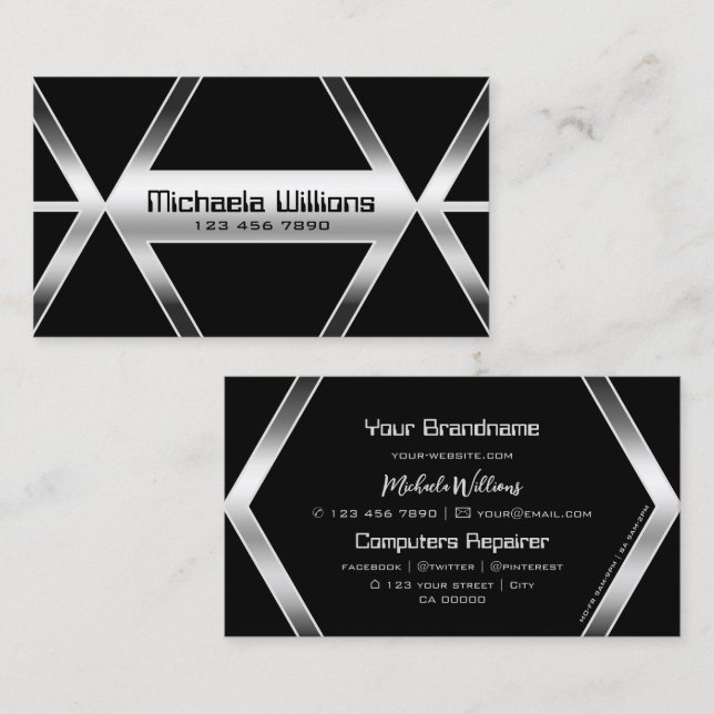 Tarjeta De Visita Sorprendente Geometric Shimmery Silver Stylish (Anverso / Reverso)