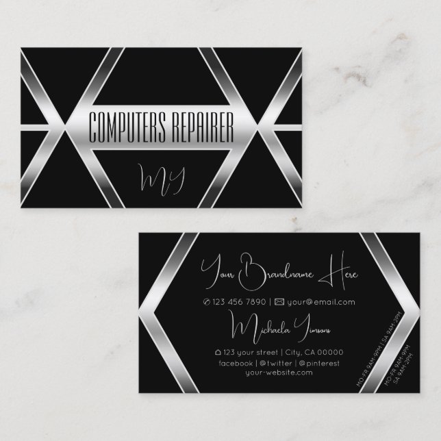 Tarjeta De Visita Sorprendente geométrico negro con plata y monogram (Anverso / Reverso)