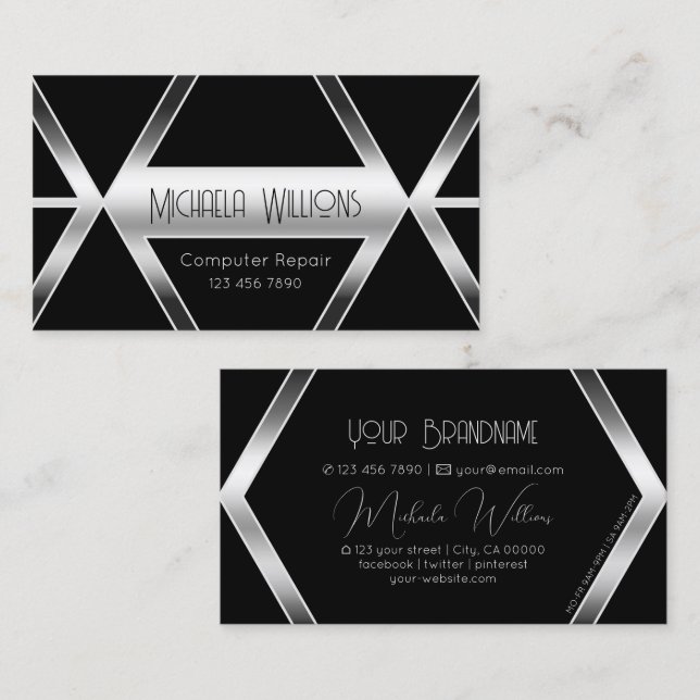 Tarjeta De Visita Sorprendente Moda geométrica negra con ojos platea (Anverso / Reverso)