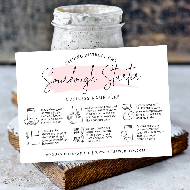 Tarjeta De Visita Sourdough Starter Feeding Instructions Guide Bread (Trendy sourdough starter instructions cards with icons, modern pink watercolor design and your logo)