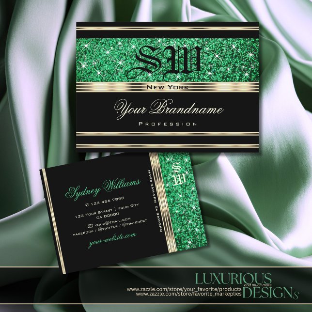 Tarjeta De Visita Sparkke Emerald Green Purpurina Monograma Negro (Subido por el creador)
