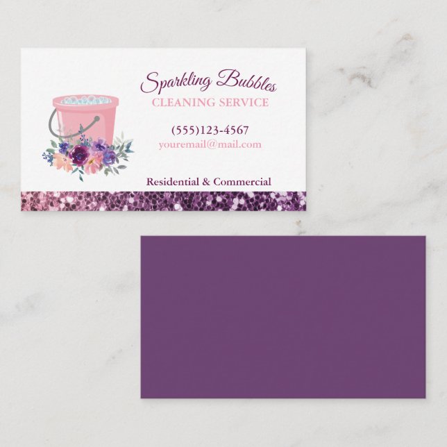 Tarjeta De Visita Sparkle Floral Pink Bucket Cleing Services (Anverso / Reverso)