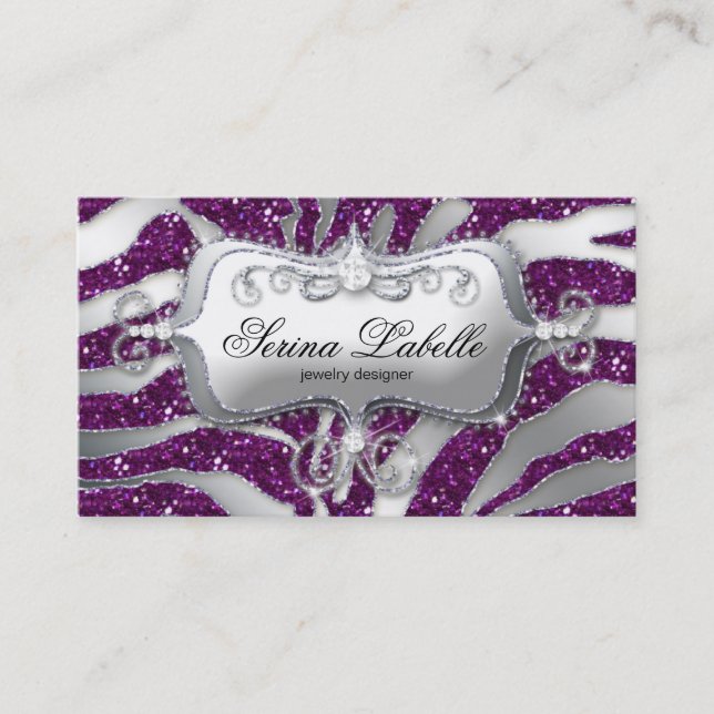 Tarjeta De Visita Sparkle Jewelry Business Card Zebra Silver Púrpura (Anverso)