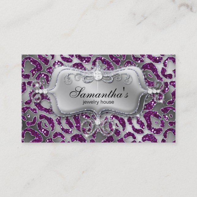 Tarjeta De Visita Sparkle Jewelry Business Card Zebra Silver Púrpura (Anverso)