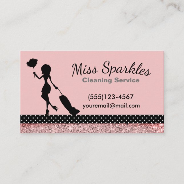Tarjeta De Visita Sparkle Polka Dot Maid House Servicios de limpieza (Anverso)