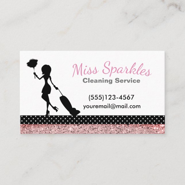 Tarjeta De Visita Sparkle Polka Dot Maid House Servicios de limpieza (Anverso)