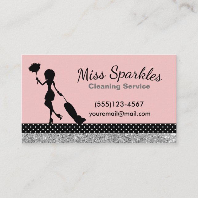Tarjeta De Visita Sparkle Polka Dot Maid House Servicios de limpieza (Anverso)