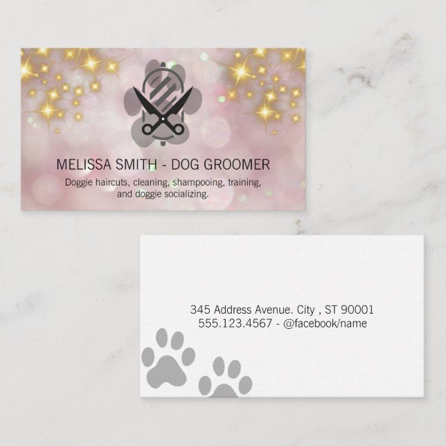 Tarjeta De Visita Sparkly Gold Bokeh | Logo de Dog Grooming (Anverso / Reverso)