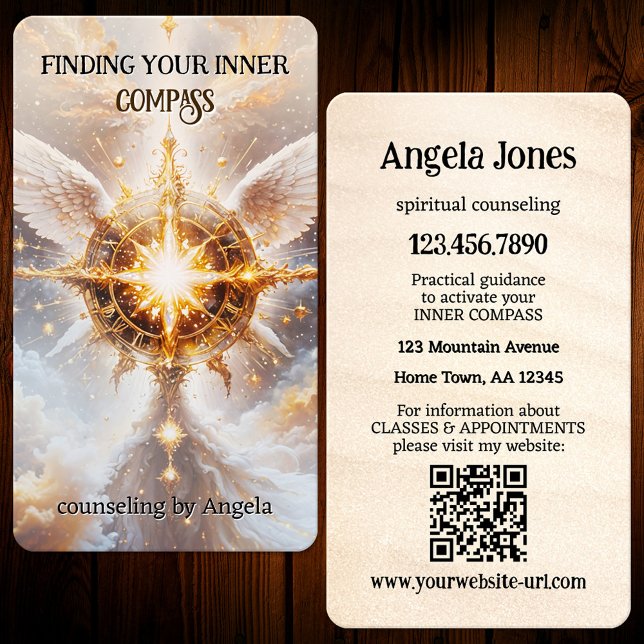 Tarjeta De Visita Spiritual Counseling Psychic Guidance (Professional business card for a  psychic or counselor featuring a winged compass)