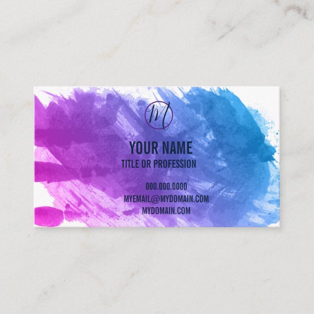 Tarjeta De Visita Splash de morado y azul tu nombre y título, ZEA (Anverso)
