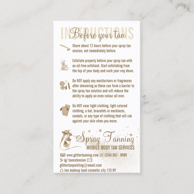 Tarjeta De Visita Spray Tanning Antes De Instrucciones De La Guía De (Anverso)