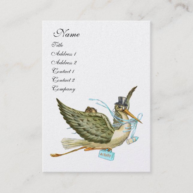 Tarjeta De Visita STORK BABY SHOWER, Blue White Pearl Paper (Anverso)