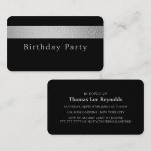 Tarjeta De Visita Stripe de Relieve metalizado plateado en Black Bir