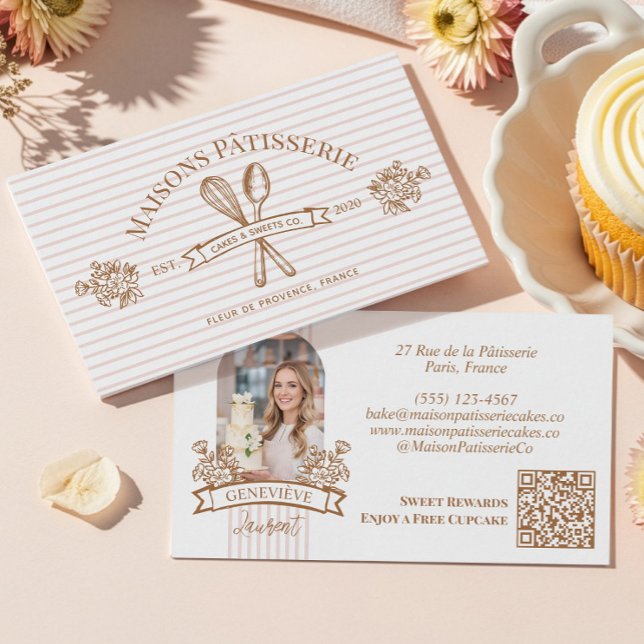 Tarjeta De Visita Stripe Floral Whisk Spoon Bakery Cake Designer (Stripe Floral Whisk Spoon Bakery Cake Designer Business Card)
