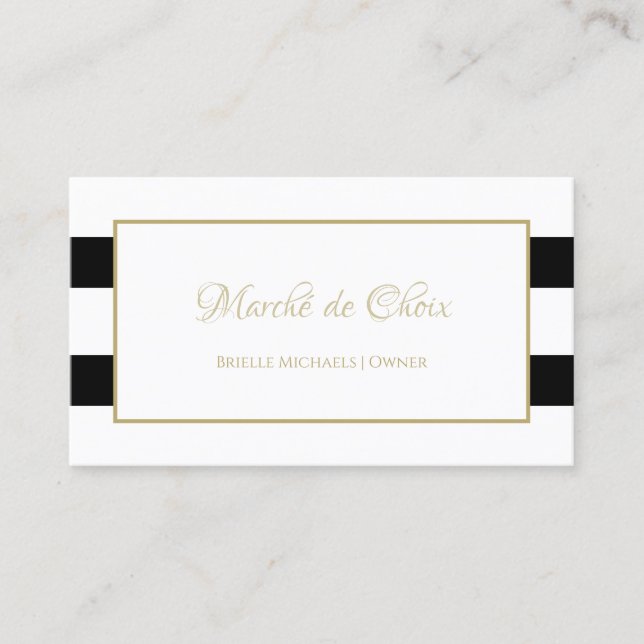Tarjeta De Visita Stripes Moderno Black White Gold Script Boutique (Anverso)