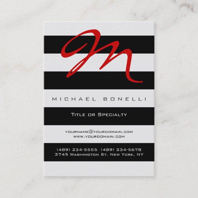 Tarjeta De Visita Stripes Monograma Red Calligraphy Business Card (Anverso)