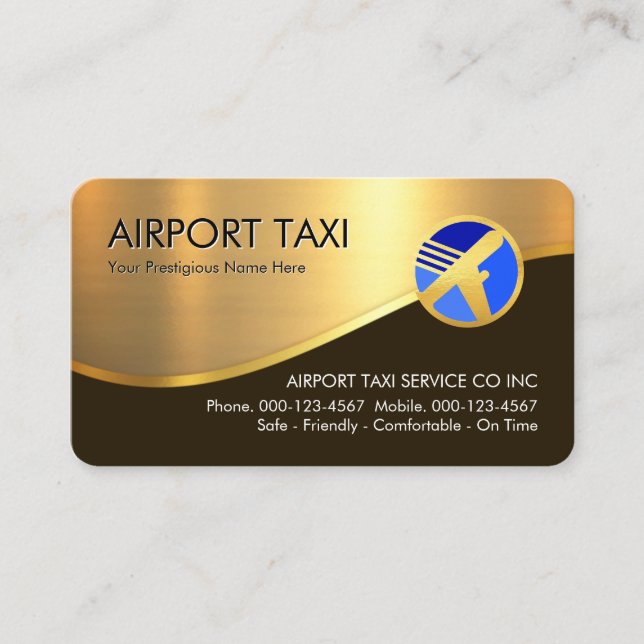 Tarjeta De Visita Stylish Gold Wave Airplane Airport Taxi (Anverso)