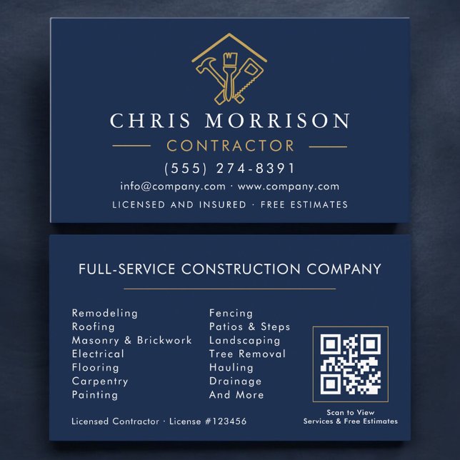 Tarjeta De Visita Stylish Home Repairs Contractor Navy Blue QR Code (Subido por el creador)