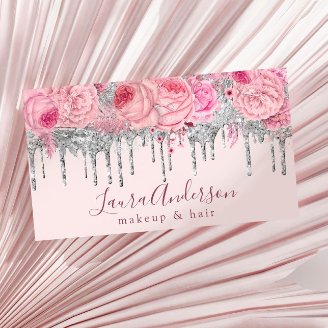 Tarjeta De Visita Stylish pink floral glitter drips makeup & hair  (Subido por el creador)