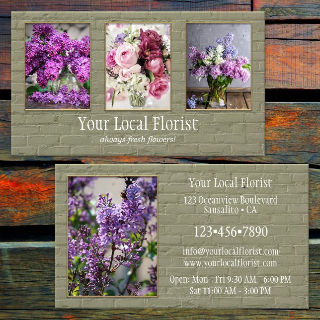 Tarjeta De Visita Su cartera de 4 fotos de floristería de ladrillo v (Business card featuring your own custom photos framed by a green brick wall - florist - gardener)