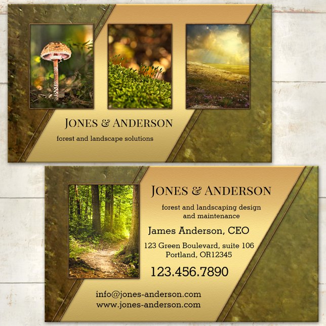 Tarjeta De Visita Su cartera de 4 fotos de paisajes forestales (Green gold nature inspired business card - gardening - gardener - landscaping - outdoors)