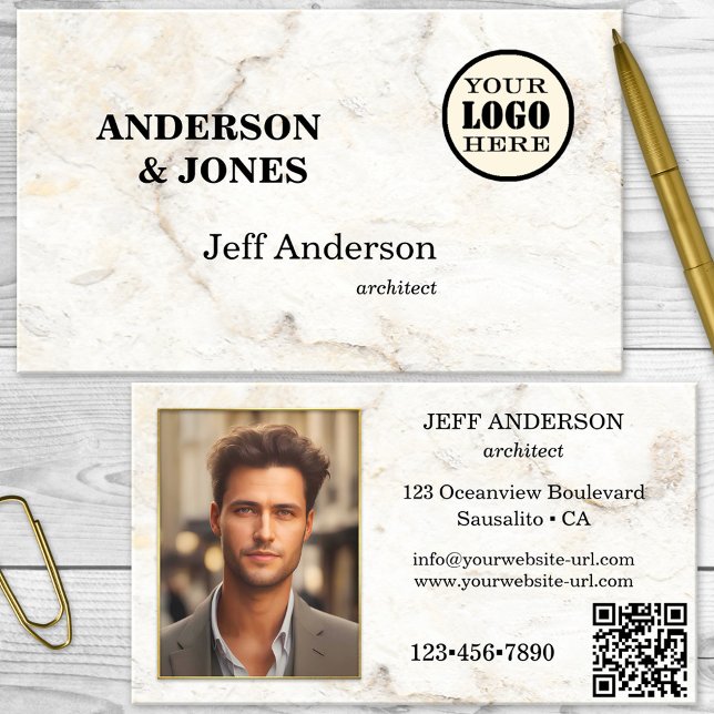 Tarjeta De Visita Su fotógrafo simple de Marble (Business card featuring a simple design with white marble. With photo, logo and QR code template)