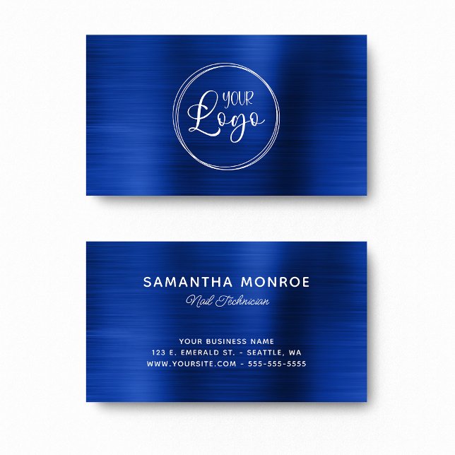 Tarjeta De Visita Su Logo Aquí Relieve metalizado Faux Royal Navy Bl (Your Logo Here Faux Royal Navy Blue Ombre Foil Business Card)