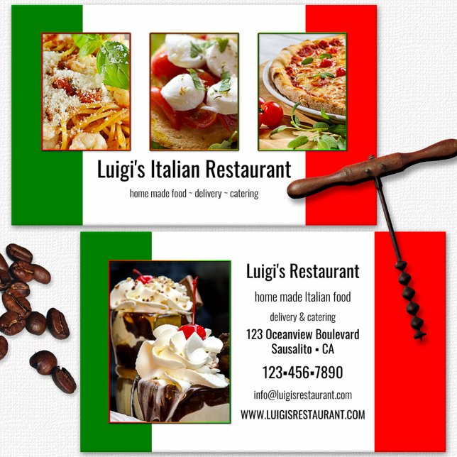 Tarjeta De Visita Su restaurante italiano de 4 fotos (Italian restaurant business card featuring your custom photos on the Italian flag)