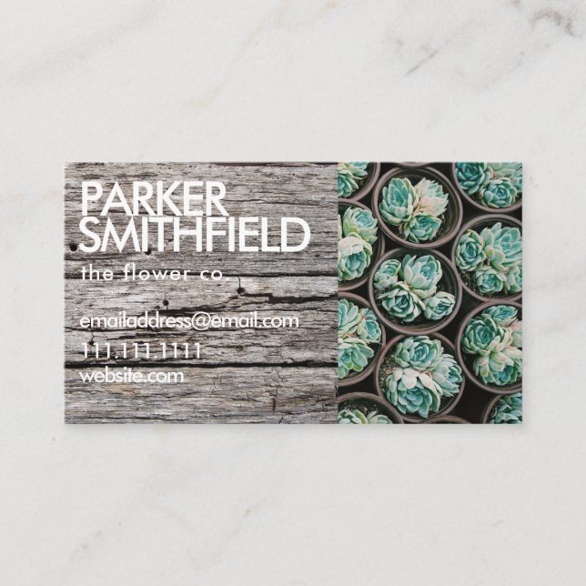 Tarjeta De Visita Suculento floral rústica de madera (Anverso)